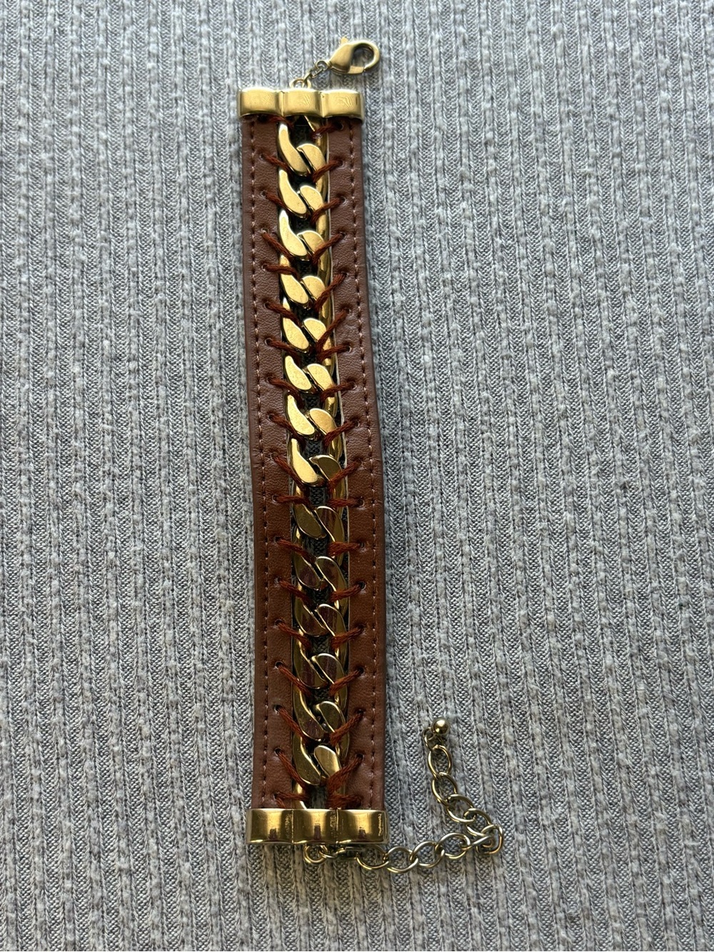 Vintage brown leather & gold tone adjustable chain bracelet